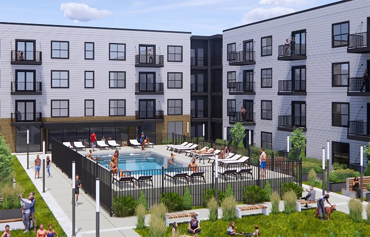 Rendering of outdoor pool with apartment building in background